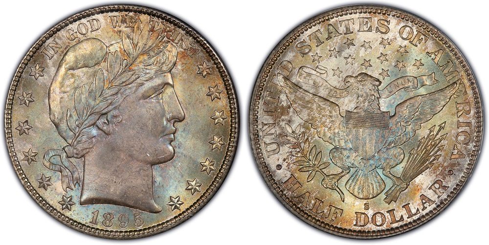 Side-by-side comparison of 1895 Philadelphia half dollar vs 1895-S San Francisco half dollar showing mint mark location