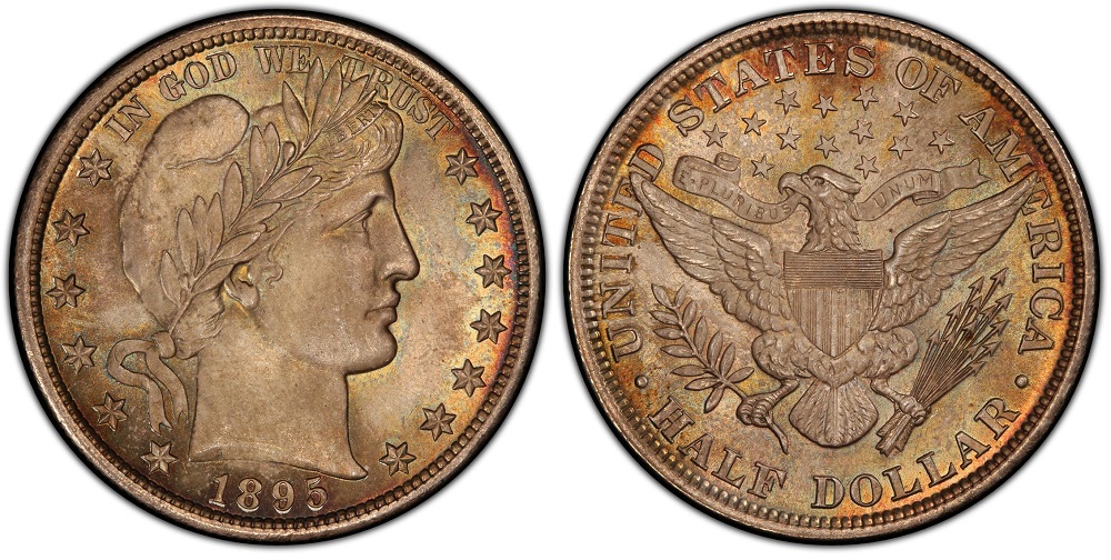 Close-up of 1895 Barber Half Dollar date showing repunched date variety with secondary digit impression