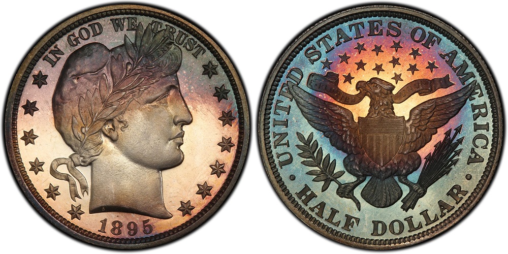 1895 Proof Barber Half Dollar showing deep mirror fields and frosted Liberty portrait cameo contrast