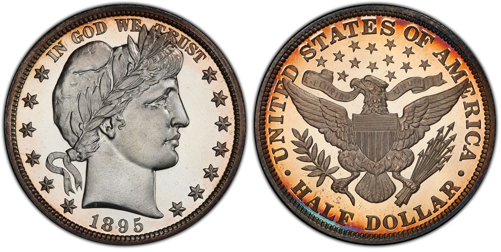 1895 Barber Half Dollar grading strip showing four condition levels from Good through Mint State